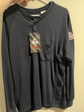 Men  s Bulwark FR Long Sleeve Flame Resistant Henley Shirt Size L Dark Blue