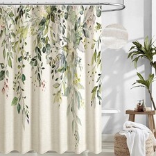 Linen Sage Green Eucalyptus Shower Curtain, Watercolor Plant Leaves with Floral