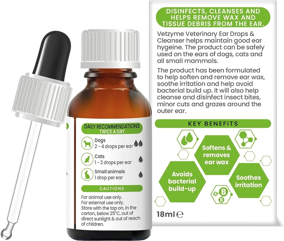 Image showcasing Vetzyme Antibacterial Dog Ear Drops, Suitable for Cats & Small Pets ...