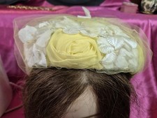 Vintage Pillbox 1/2 Hat - Yellow Floral Bouquet MCM Formal / Church Hat Netting