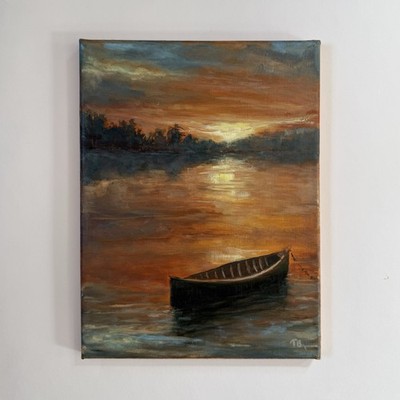 9x12 Original Oil Painting Sunset Lake Boat Rowboat Impressionist Canvas Art