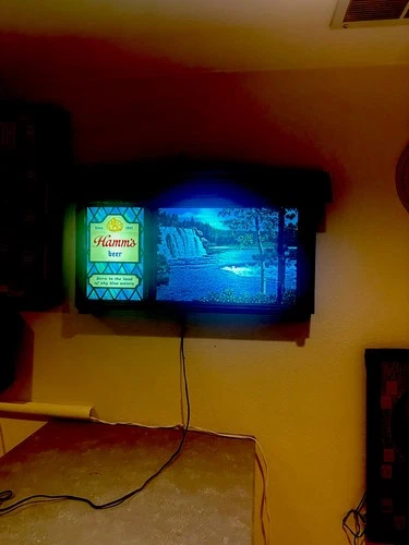 VINTAGE 1960s HAMM'S BEER SCENE-O-RAMA MOTION SIGN,  W/ WATERFALL CAMP CAMPFIRE