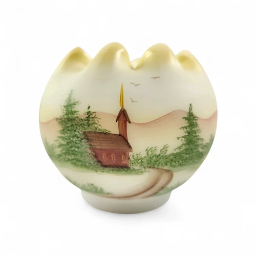 Fenton Custard Art Glass Rose Bowl with Hand Painted Church Scene Signed