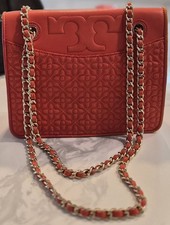 Tory Burch French Bryant Quilted Magnetic Flap Crossbody Red Orange purse