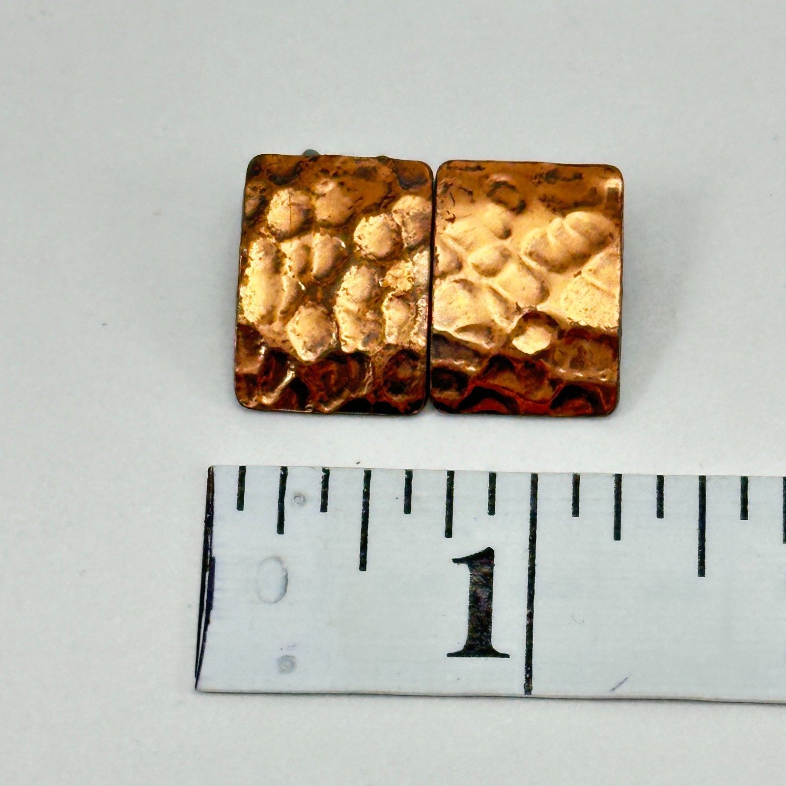 Clip On Earrings Rectangular Hammered Copper Tone… - image 6