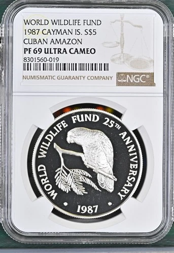 1987 CAYMAN ISLANDS SILVER S$5 DOLLARS AMAZON PARROT NGC PF 69 ULTRA CAMEO