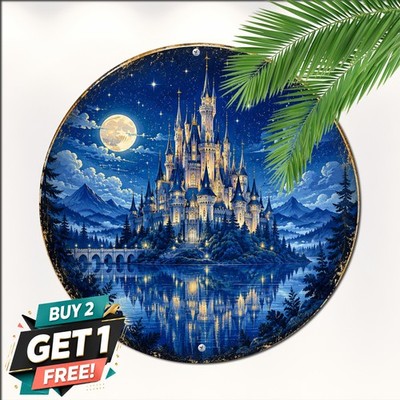 Vivid Night Magic Castle Round Sign Enchanted Fantasy Kingdom Painting Art