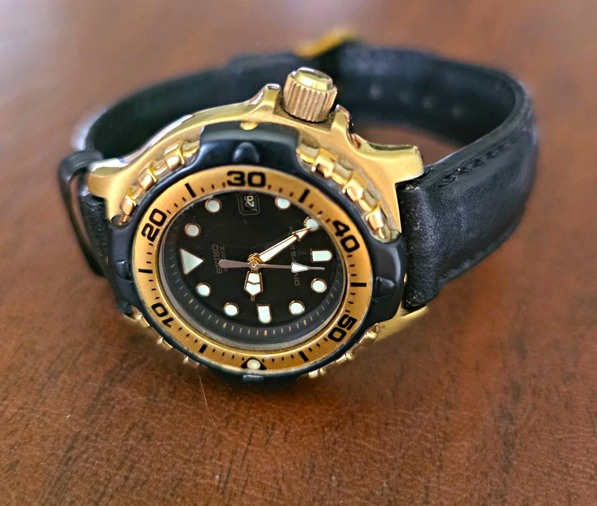 SEIKO Quartz Diver 200m Yellow Dial Gold Tone Case Black Rubber Strap Watch Seiko Scuba 200M 5H25-6000 — Men main image 3