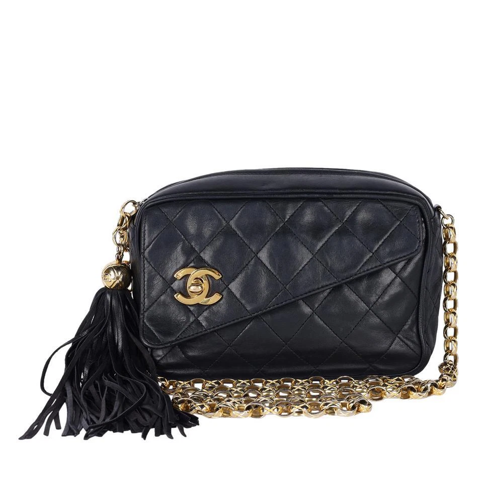 Authentic Chanel 2003 Black Solid Lambskin Leather Bag on sale at