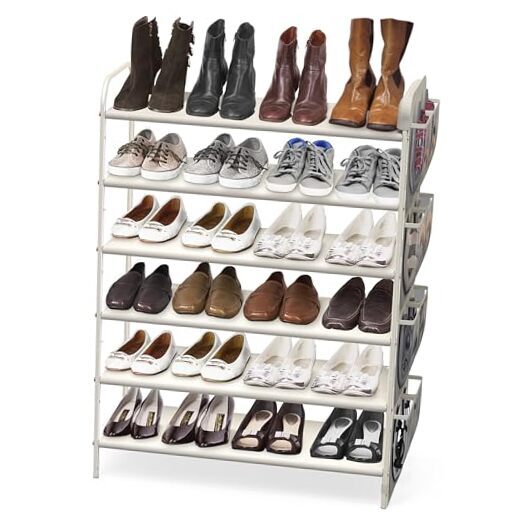 6-Tier White Shoe Rack Organizer with Side Hanging Storage Bag