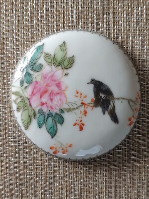 文物商店清代粉彩瓷喜鹊牡丹图印泥盒盖Antique China Qing Famille