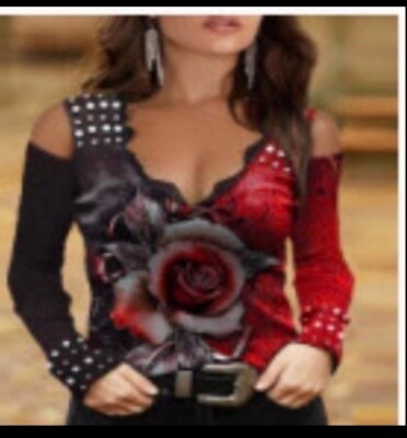 Chic Me Sexy Red Rose Top XL New  Sizes Run Small Cold Shoulder