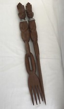 African Tribal Art salad servers x 2 carved in brown wood, ornate head dress
