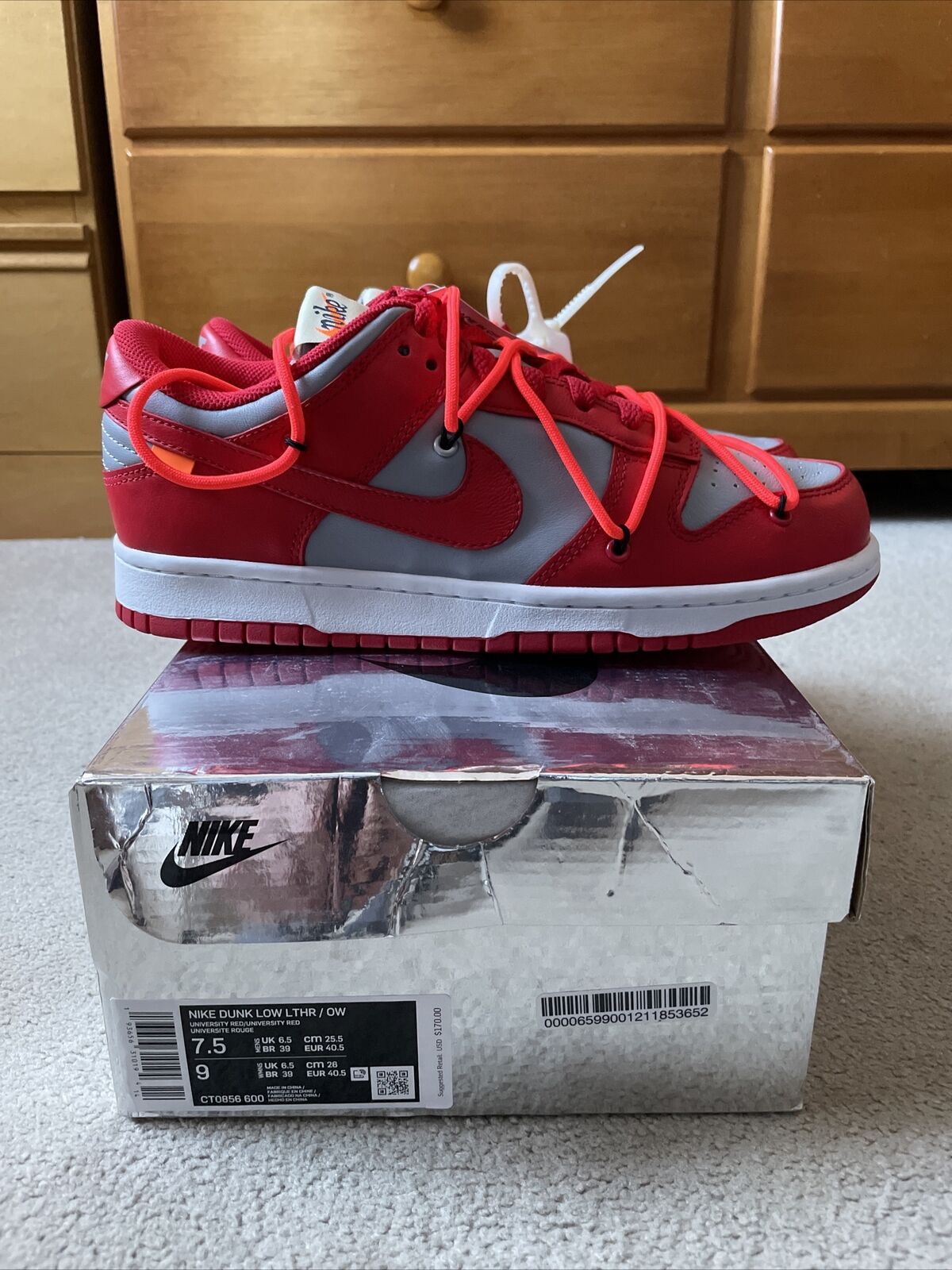 Nike Dunk Low LTHR/OW “ Off White “ Sz 7.5 New 100% Authentic University  Red !