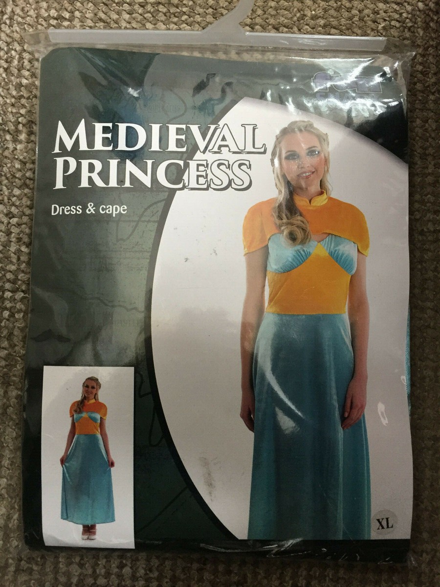 Disfraz De Princesa Medieval Para Mujer - Vestido Naranja Y Azul Con Capa, Talla Mediana