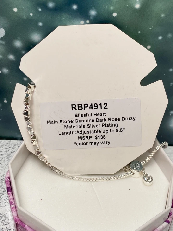 NIB RBP4912 Blissful Heart Genuine Dark Rose Druzy Silver Plating Bracelet - Image 2 of 3