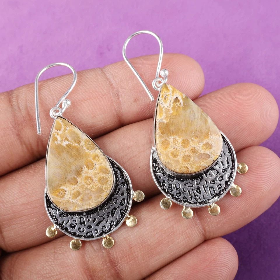 Pendientes colgantes/gotas de dos tonos de coral fósil amarillo natural de plata 925 Foto 2 de 4