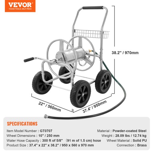 VEVOR Hose Reel Cart 300ft. Heavy Duty Garden Water Yard Planting w/ Basket - Picture 7 of 12