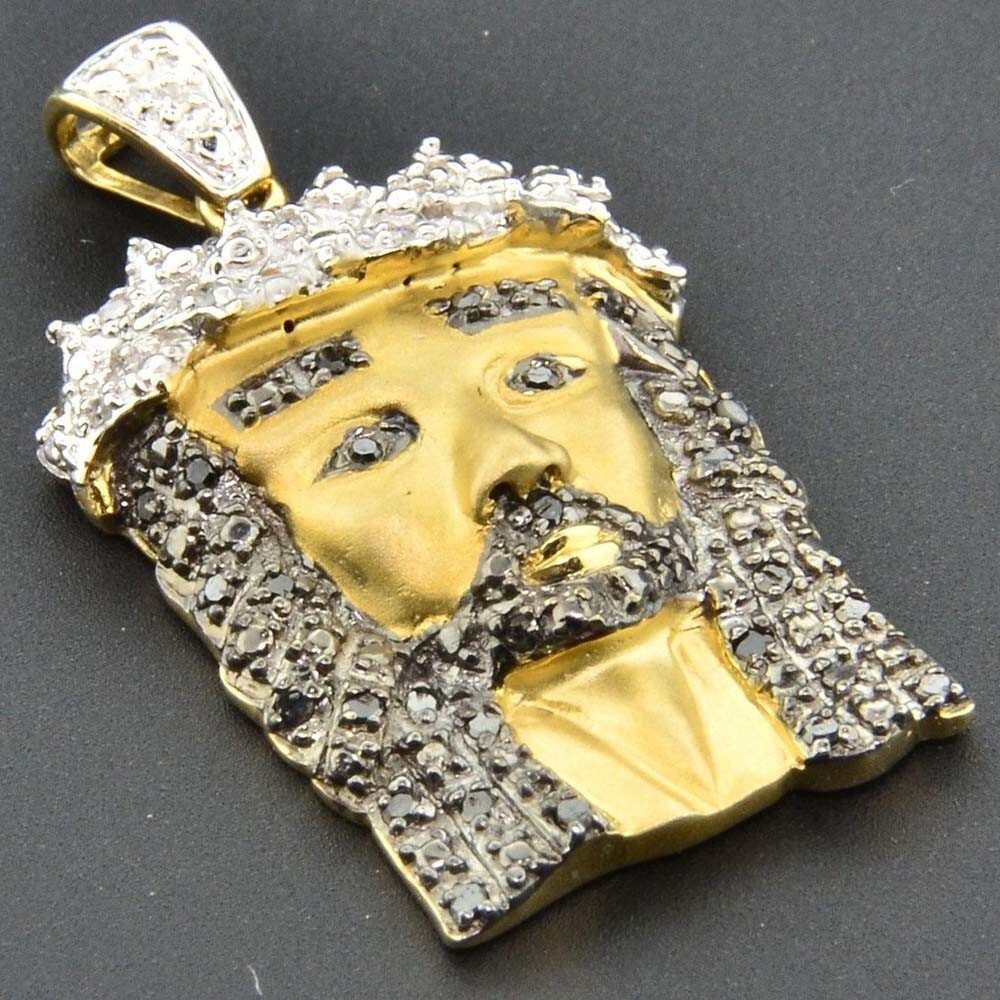 0.60 Ct Round White & Black 14K Yellow Gold Plated Jesus Face Men's Pendant 1.5