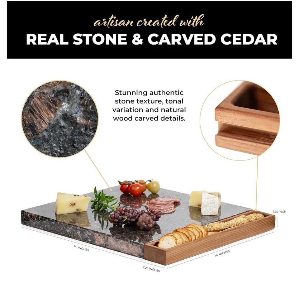 Tablero de queso/charcutería Stonelite Furniture 16" x 14" con bandeja marrón tostado (1319) Foto 3 de 4