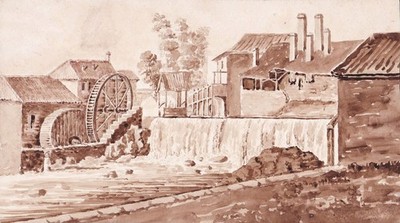 Wassermühle Watermill Mill Mühle Aquarell watercolor drawing 1900
