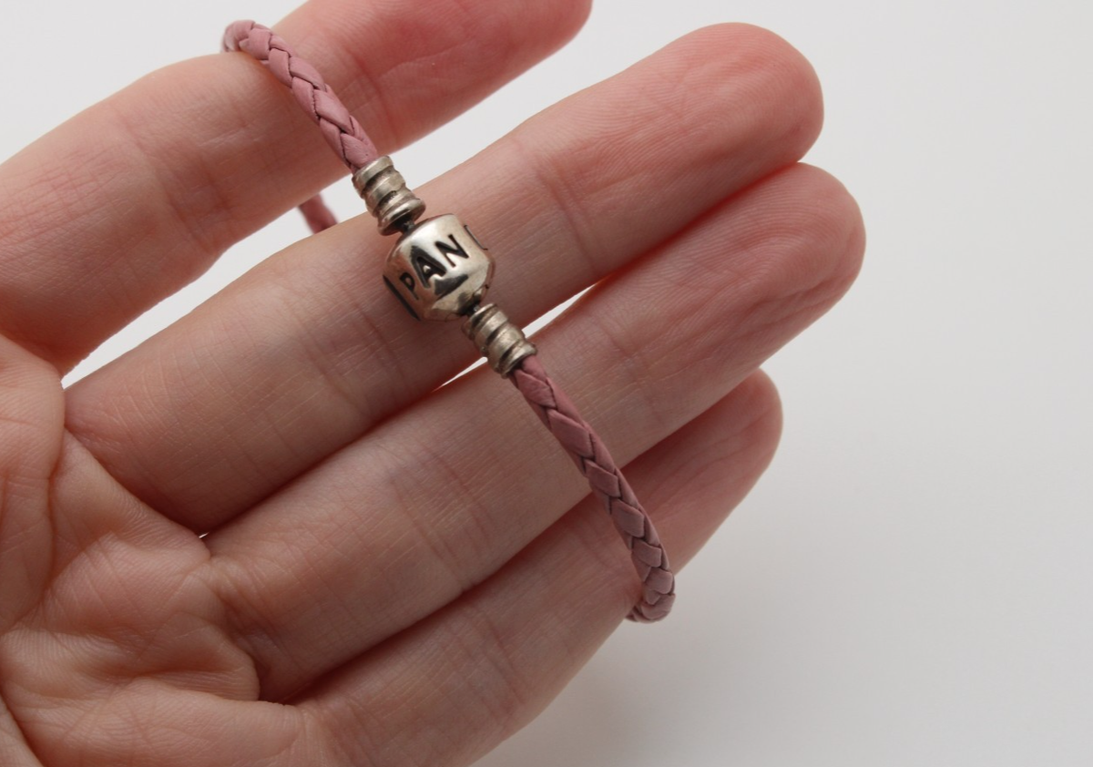 Pandora 925 Sterling Silver Moments Pink Leather Braided Bracelet