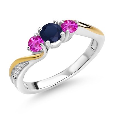 925 Silver and 10K Yellow Gold Sapphire Pink Sapphire and White Lab Grown