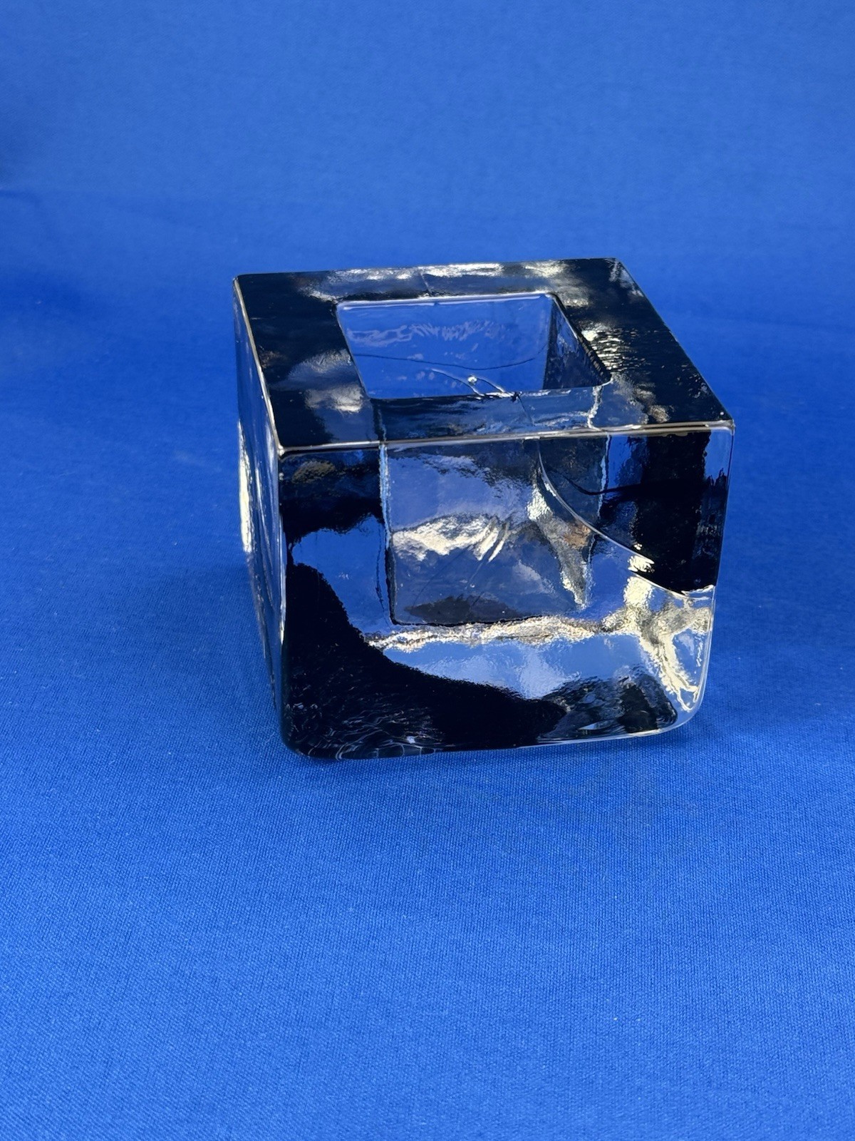 Kosta Boda Glass Brick Cube Square Candle Holder Black Etched Collectible Art