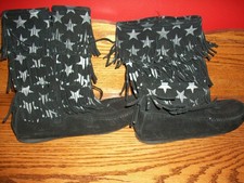 Minnetonka Three Row Fringe Tall BLACK Moccasins Boots Women's Size 3-NICE-CLEAN
