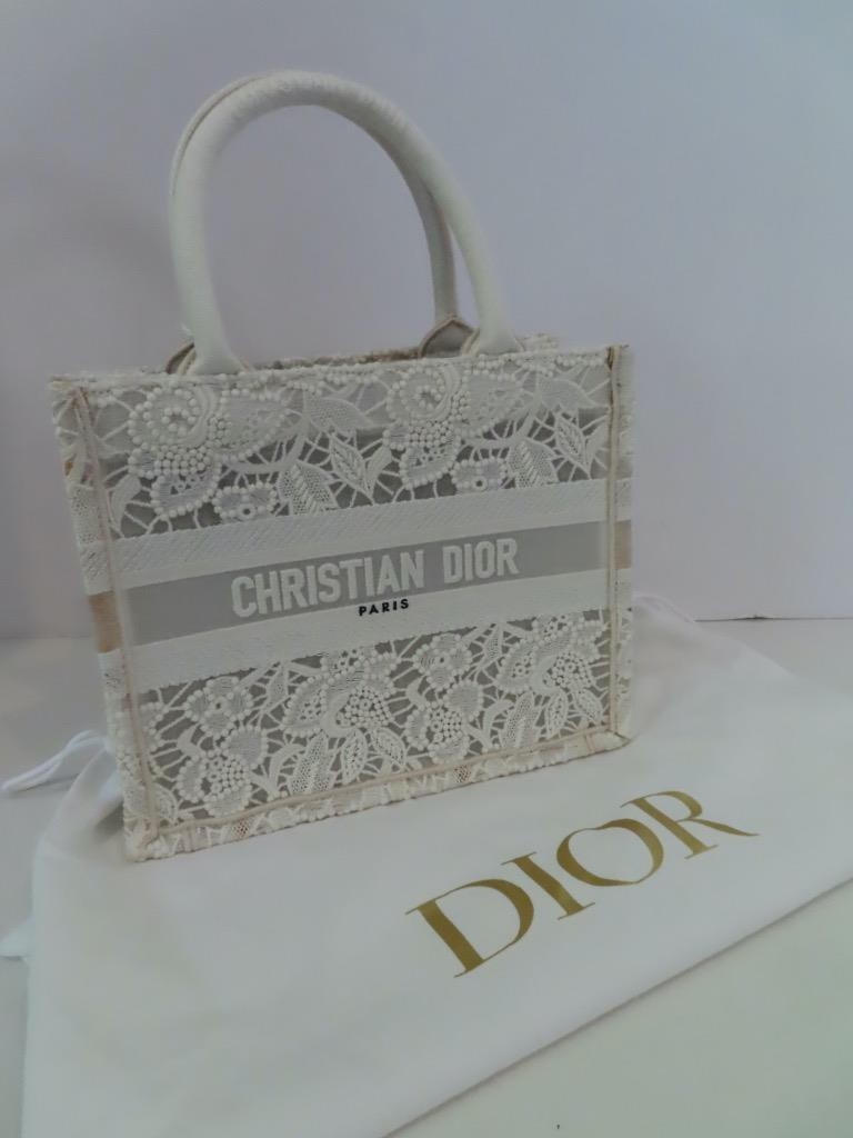 NWT/Defects Christian Dior Off-White Floral Lace Small Book Tote