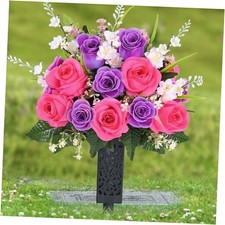 Artificial Cemetery Flowers for Grave, Realistic Grave 2 Sets Pink  Purple