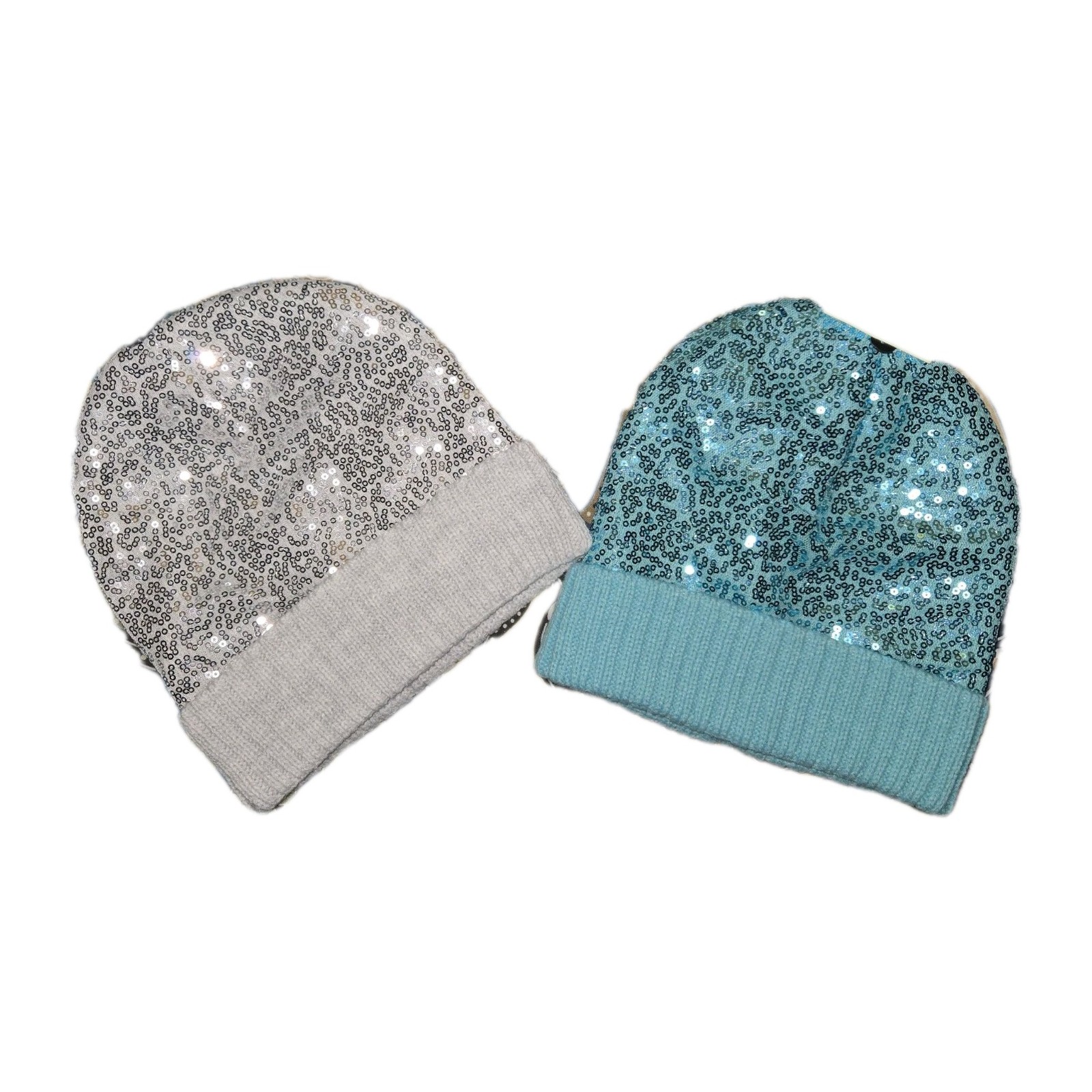 Extremely Me Girls Sequined Beanies Hats Set Includes 1-Silver & 1-Turquoise NWT
