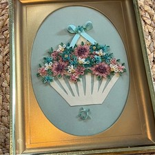 Vintage Quill Art Quilling Paper Swirl Basket of Flowers Gold Framed Handmade