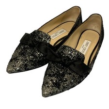 JIMMY CHOO GALA Glitter Ribbon Pumps, Size 38 Black/Silver Women USED