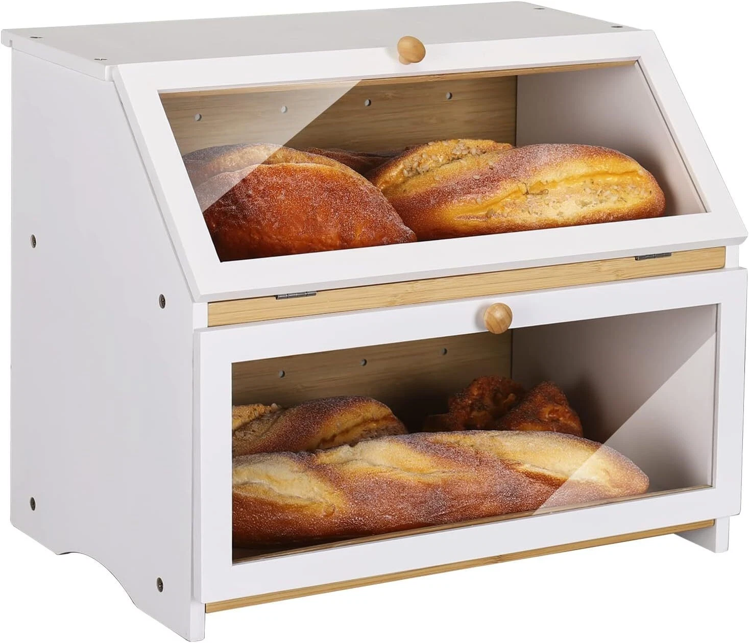 Double Layer Large Bread Box for Kitchen Counter Wooden Large Bread Storage Bin