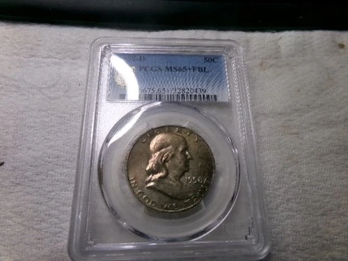 1958 D Franklin Silver Half Dollar Coin PCGS MS65+ FBL Full Bell Line Toning