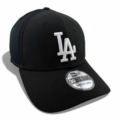 New Era Los Angeles Dodgers MLB Black White Logo Neo Mesh 39Thirty Flex Fit Hat
