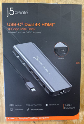 j5create USB-C Dual 4k HDMI 10Gbps Mini Dock (JCD398) - Black... FREE S&H!