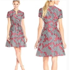Adrianna Papell Gingham Floral Tie Button Up Short Sleeve Above Knee Dress Sz 8