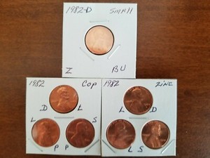1982 P&D LINCOLN CENT 7 COIN SET ~ COPPER/ZINC ~ LARGE & SMALL DATES (BU) ~SS