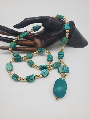 Vintage Egyptian Beaded Scarab Beetle Pendant Necklace Stone Carved Blue Bug