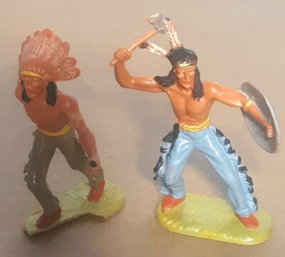TWO 3 INCH COLORFUL HARD PLASTIC INDIAN1960'S, ELASTOLIN TOYS 3 INCH FIGURES