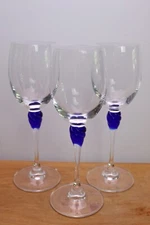 BYZANCE Wine Glasses J.G. Durand Set of 3 Cobalt Blue Knob Twist Stem