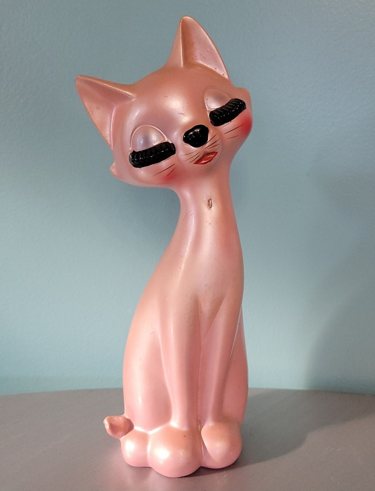 Vintage PINK Mid-Century Big EYELASHES Ceramic CAT Made in Japan BRINN’s 8.5”