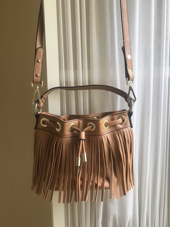SONDRA ROBERTS SQUARED Purse Fringe Tan Faux Leather Crossbody Shoulder/Handbag - Image 2 of 4