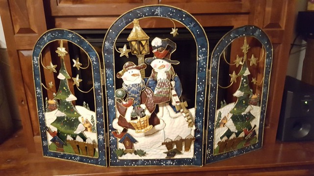 Metal Tri Fold Holiday Christmas Fireplace Screen With Snowman