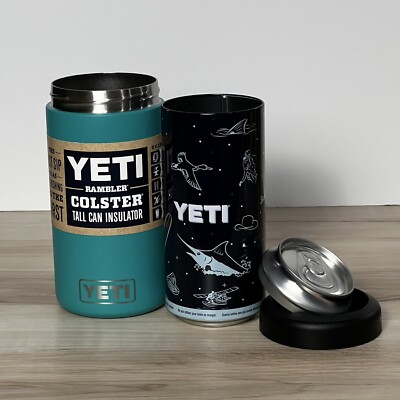 Yeti Rambler Colster Tall Can Insulator 16 oz Aquifer Blue with Stash Can RARE!