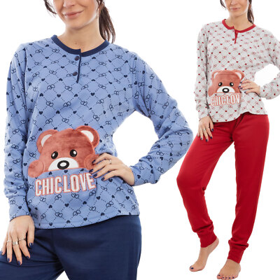 Damen Schlafanzug Sweatshirt Bär Langarm Komplett Hose TOOCOOL IT-5336