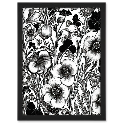 Schwarz-Weiß Viola Blumenmuster Illustration Gerahmt Kunst Bild Druck A3