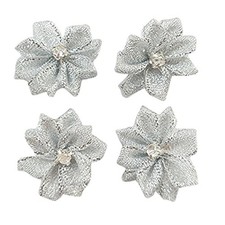 Upick 40 PCS Satin Ribbon Flowers Bows Rose Rhinestone Appliques Silver Decor